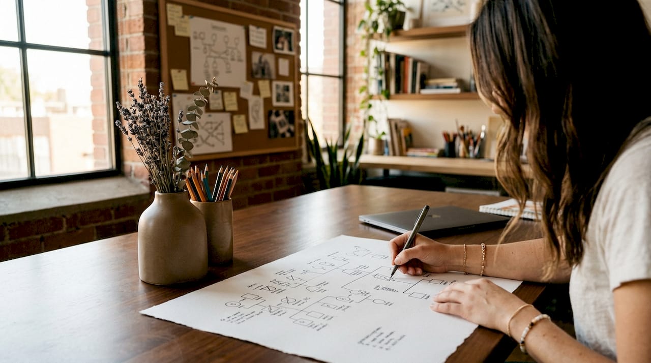 Des mains en train de tracer un génosociogramme sur une feuille posée sur le bureau.