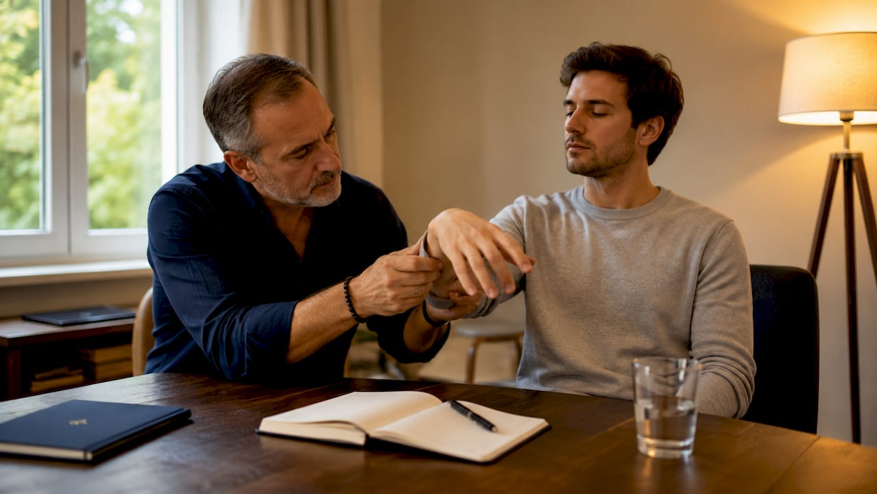 Un formateur ajuste la posture d’un apprenant pendant une séance.
