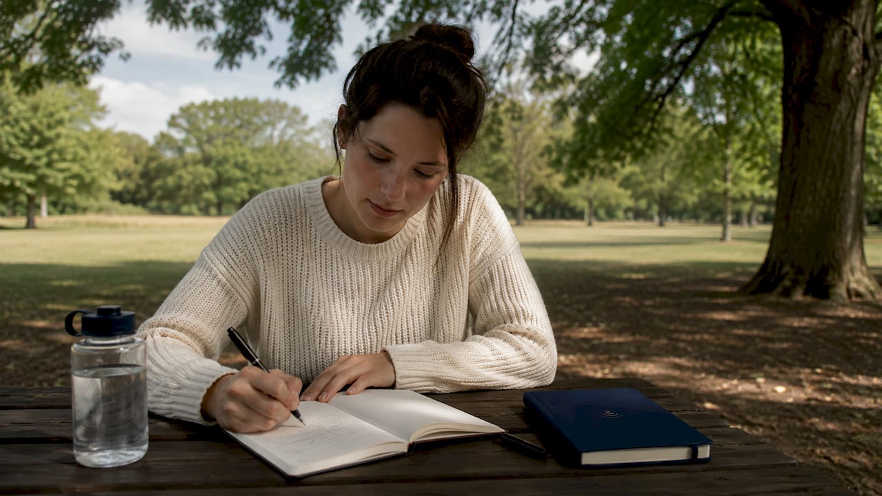 Dans un café paisible, une personne laisse courir sa plume sur les pages de son carnet, consignant ses pensées et réflexions.