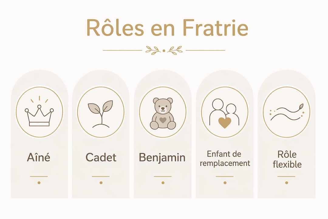 Schéma illustrant les différents rôles psychogénéalogiques en fonction de la place occupée par chacun au sein de la fratrie