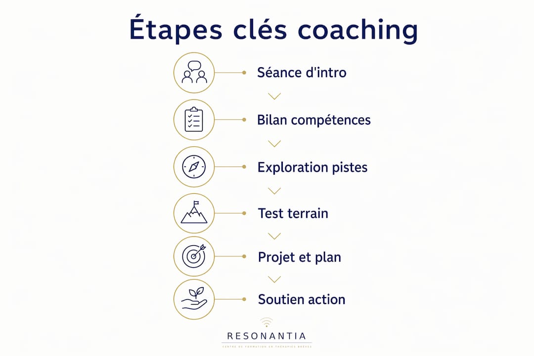 Découvrez en un coup d’œil les grandes étapes à suivre pour réussir votre transition professionnelle grâce à notre infographie dédiée au coaching de reconversion.
