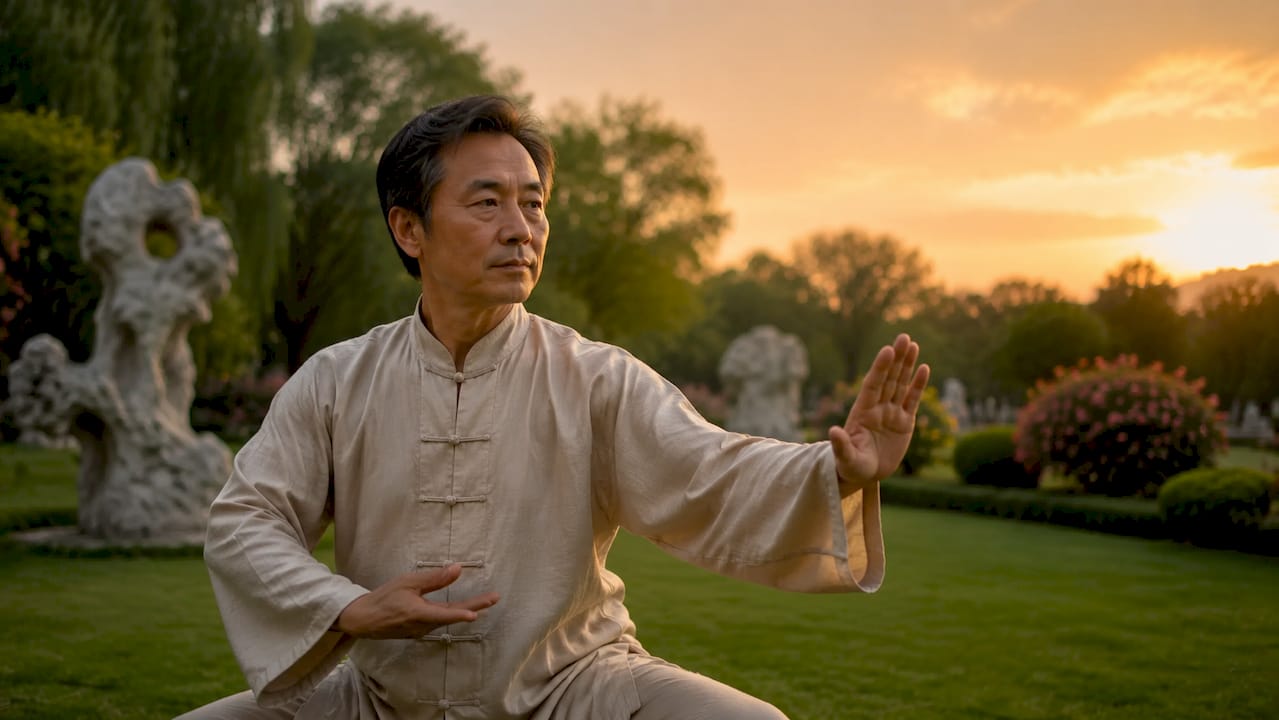 Un homme s’adonne à la pratique du tai-chi au cœur d’un jardin japonais paisible.
