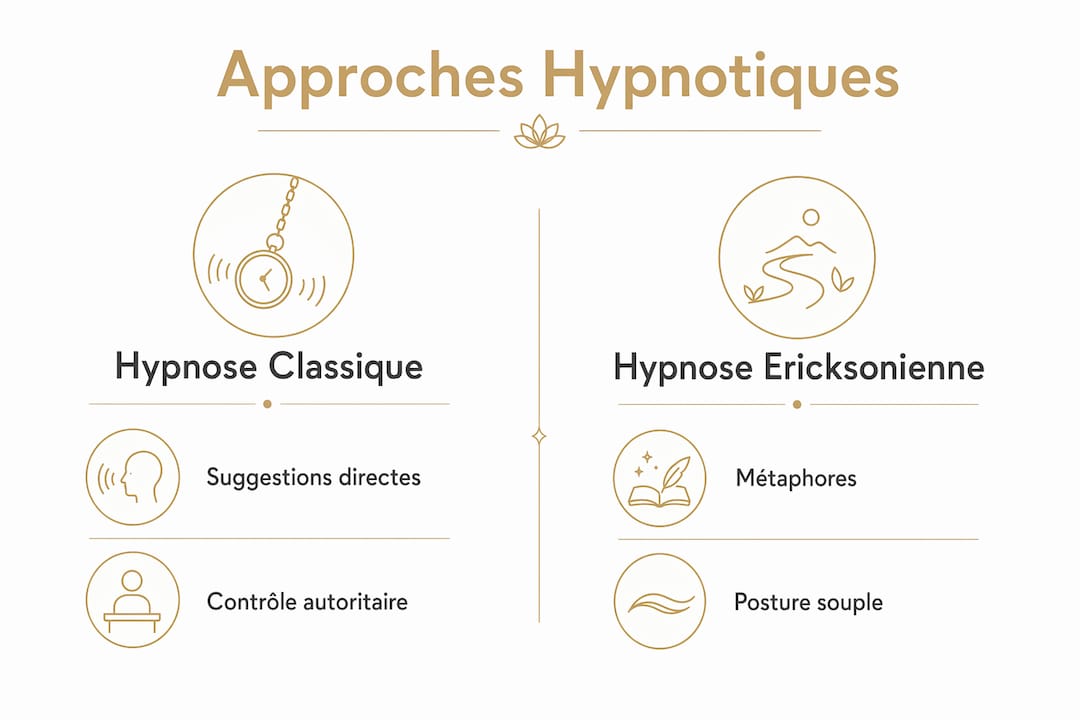 Infographie mettant en lumière les différences entre l’hypnose traditionnelle et l’approche ericksonienne