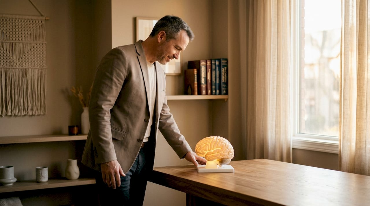 Les mains du thérapeute tenant une maquette de cerveau, entouré de dossiers médicaux