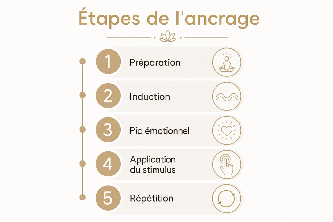 Schéma illustrant les étapes essentielles de la création d’un ancrage émotionnel en hypnose