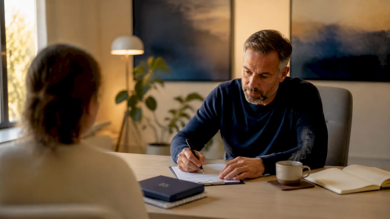 Le thérapeute prend des notes lors du premier entretien d’évaluation.