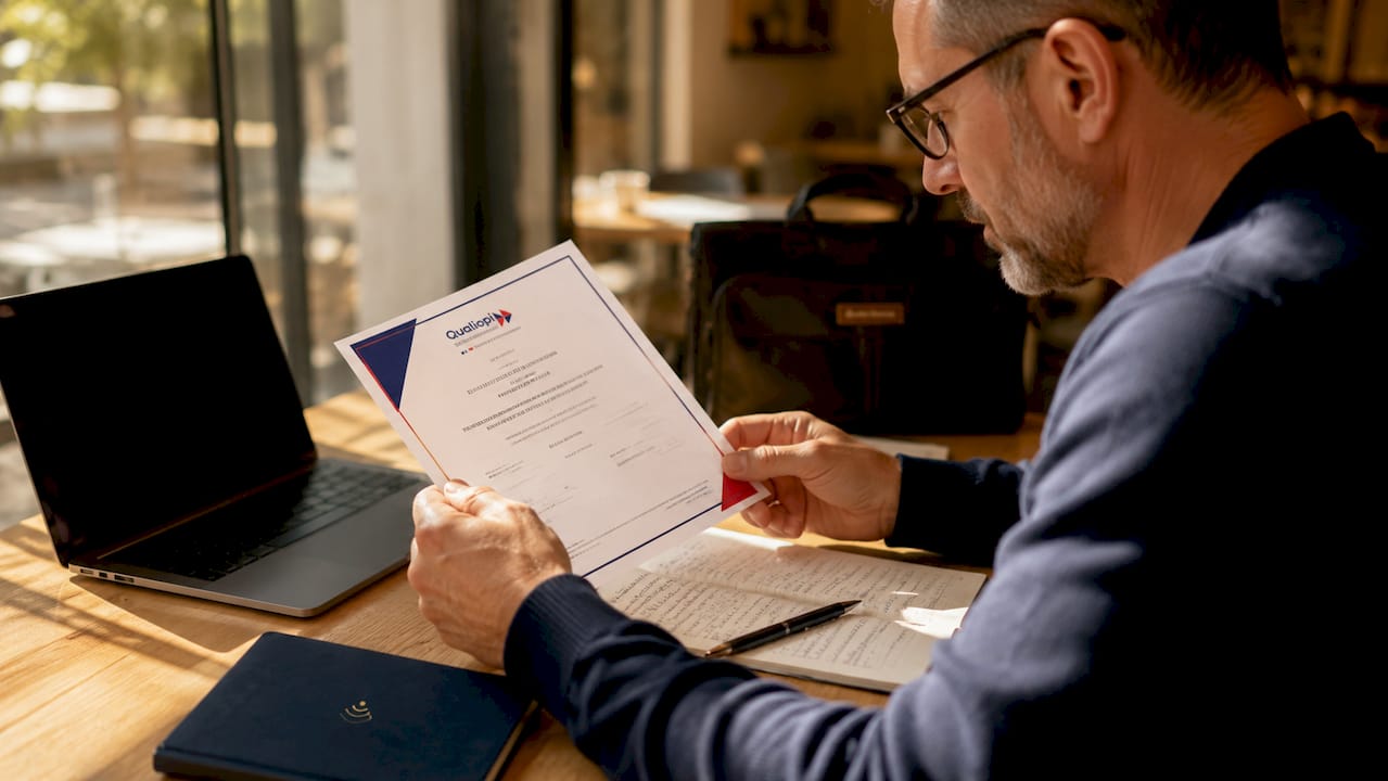 Un homme en train de vérifier un document attestant de la certification Qualiopi