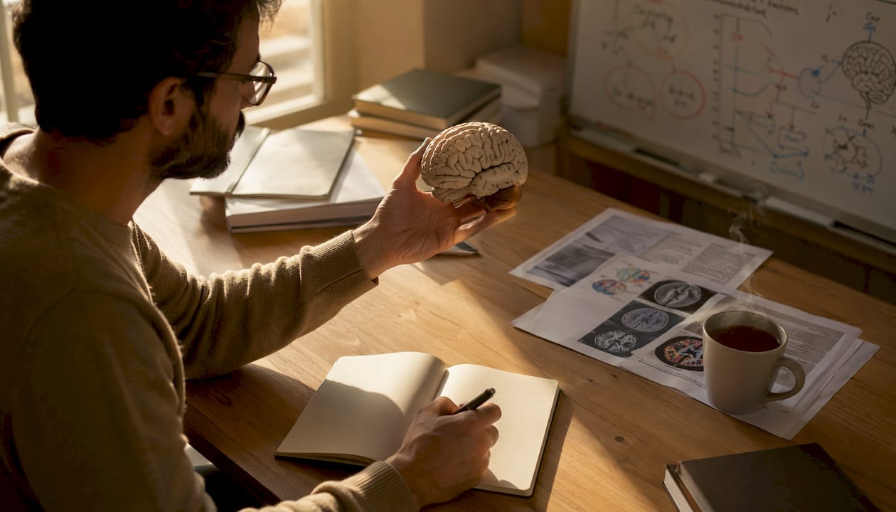 Un chercheur manipule un modèle de cerveau dans son laboratoire.