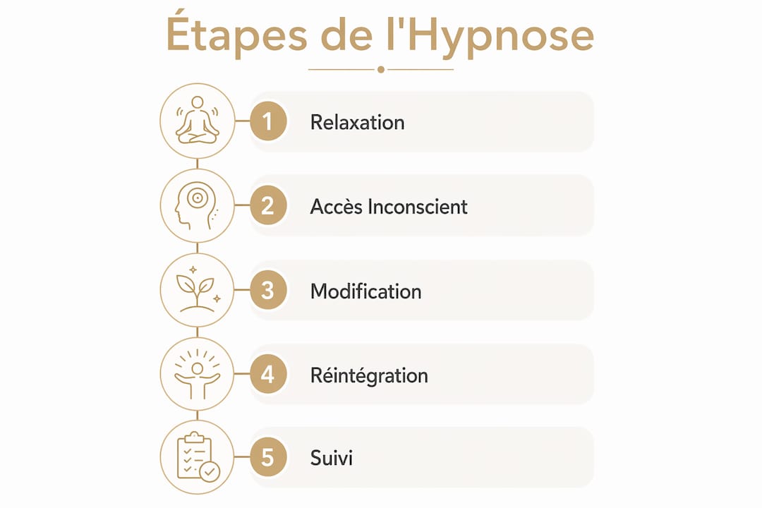 Découvrez, en un coup d'œil, les principales étapes du déroulement d'une séance d'hypnose grâce à cette infographie.