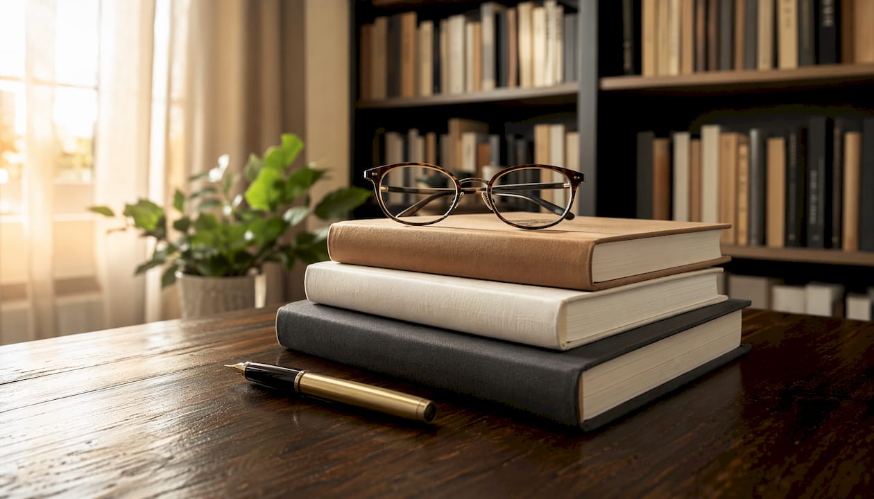 Une pile de livres sur la psychogénéalogie, accompagnée de lunettes et d’un stylo posés dessus.