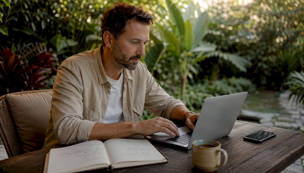 Installé à la terrasse d’un café, un homme élabore tranquillement le contenu d’une formation en hypnose.