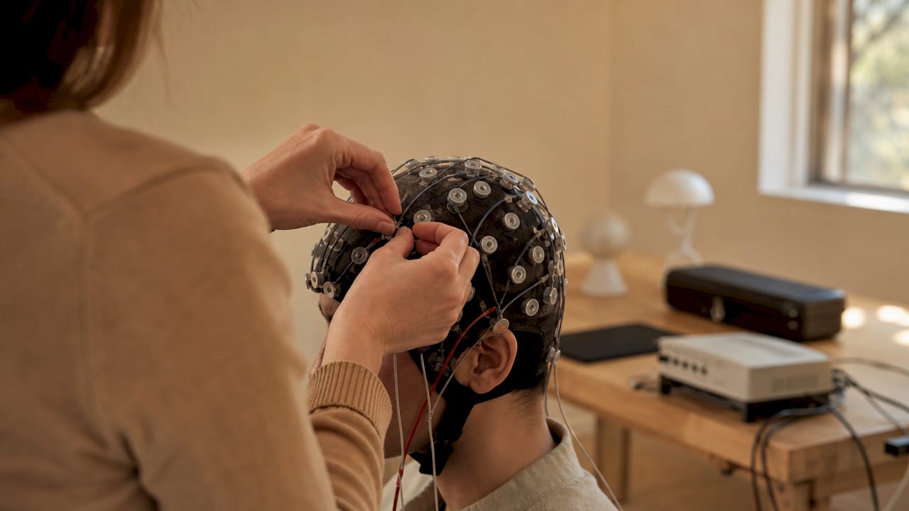 Installation d’électrodes EEG sur un participant en laboratoire