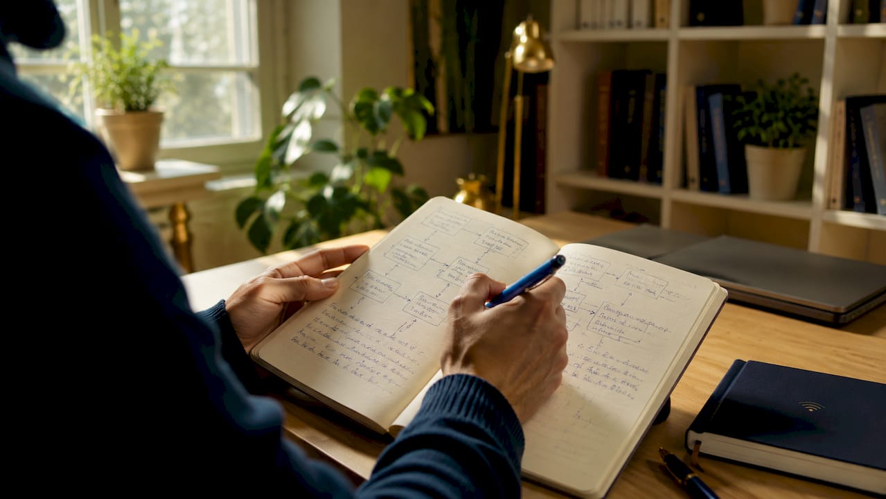 Des mains prennent des notes sur des exercices de thérapie cognitive et comportementale dans un carnet.