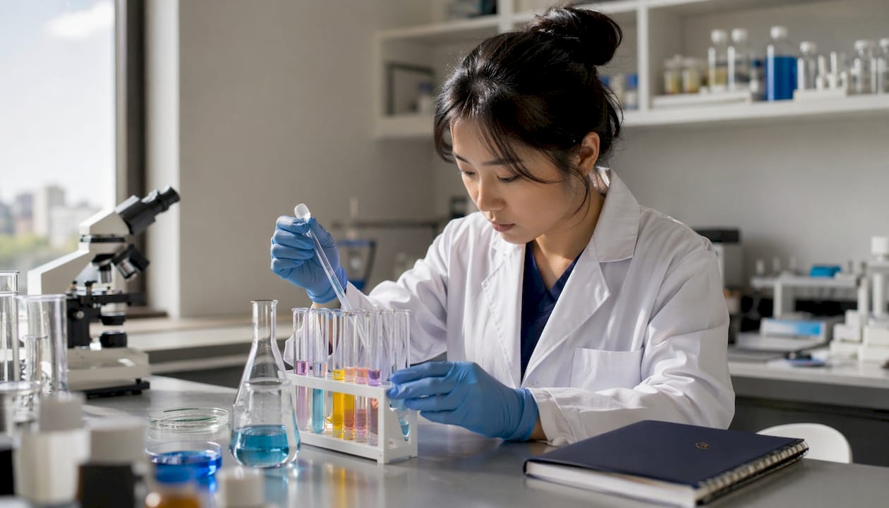 Une technicienne de laboratoire en pleine manipulation de tubes à essai