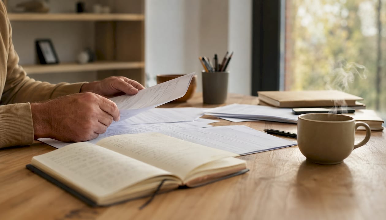 Des mains frappent sur un bureau encombré de papiers administratifs.