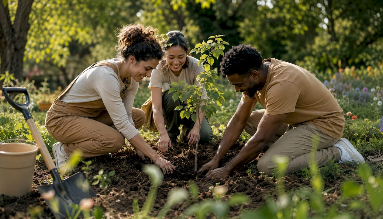 Un groupe de personnes réuni pour planter un arbre au cœur de la forêt.