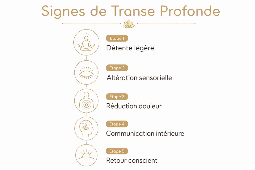 Schéma illustrant les différentes phases typiques d’un état de transe profonde