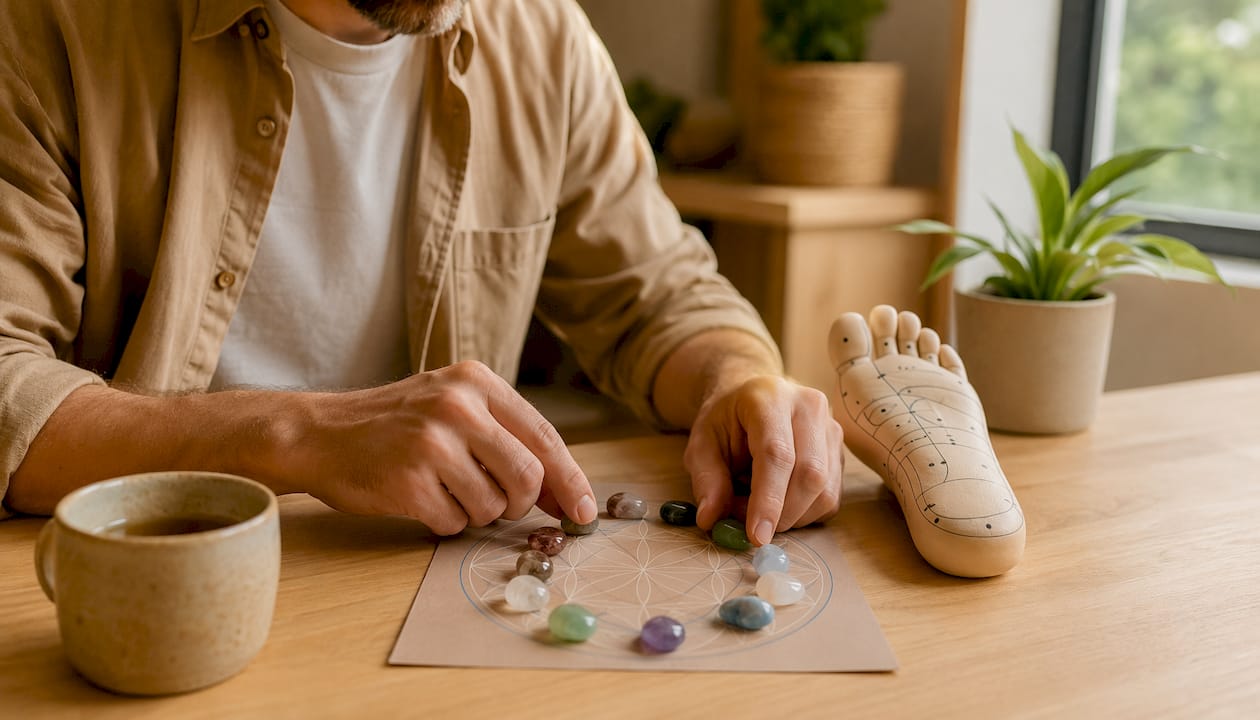Des mains disposent soigneusement des accessoires de soins énergétiques sur un bureau.