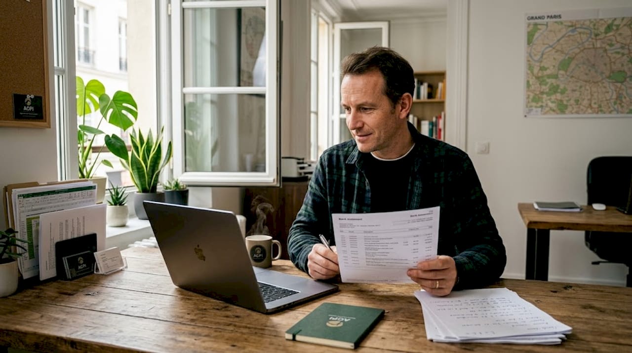 Un homme consulte ses finances pour s'assurer qu'il peut investir dans un appartement neuf.