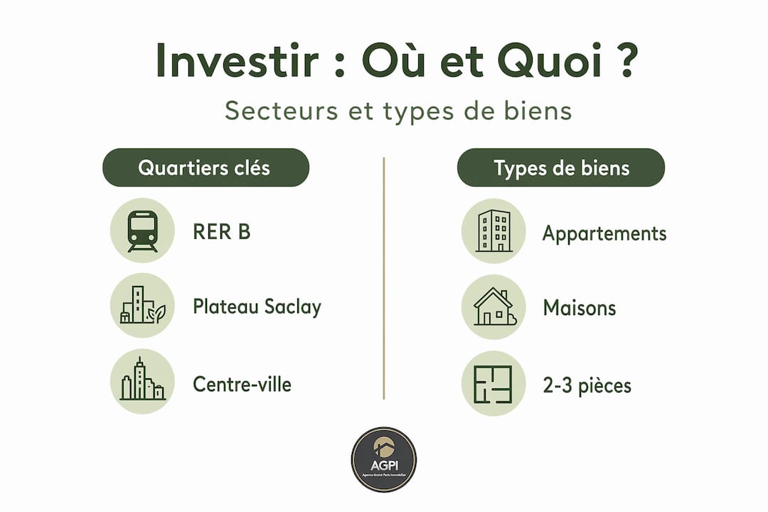 Infographie en deux colonnes : présentation des secteurs clés et des catégories de biens.