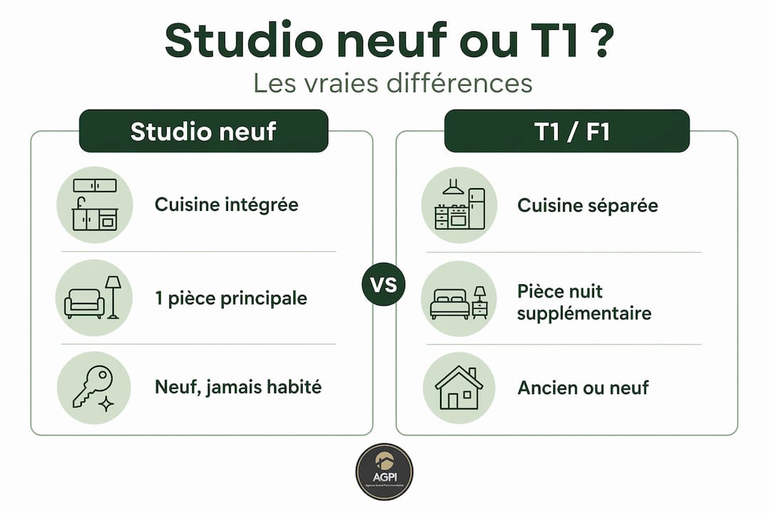 Visuel comparatif : studio neuf vs appartement T1