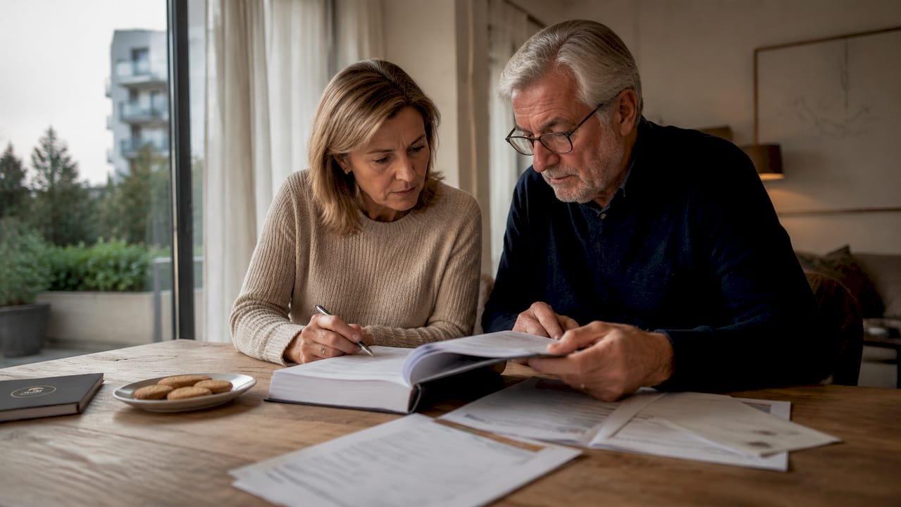 Un couple feuillette attentivement le règlement de copropriété autour de la table de la cuisine.