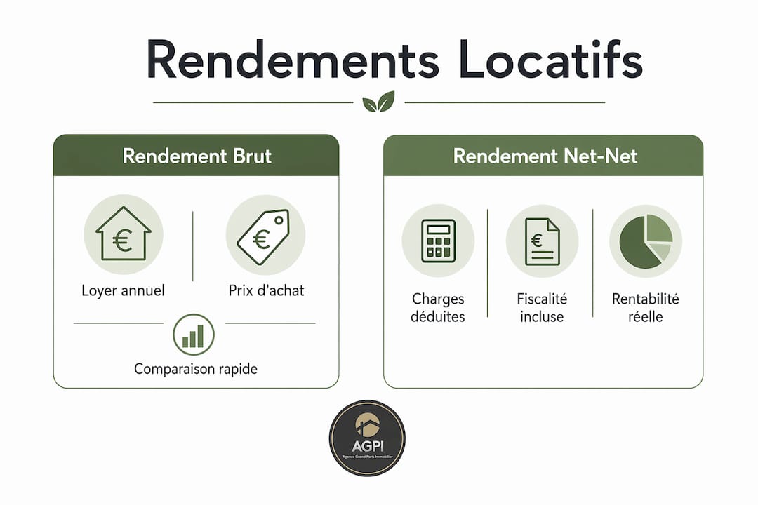 Infographie mettant en parallèle le rendement brut et le rendement net-net