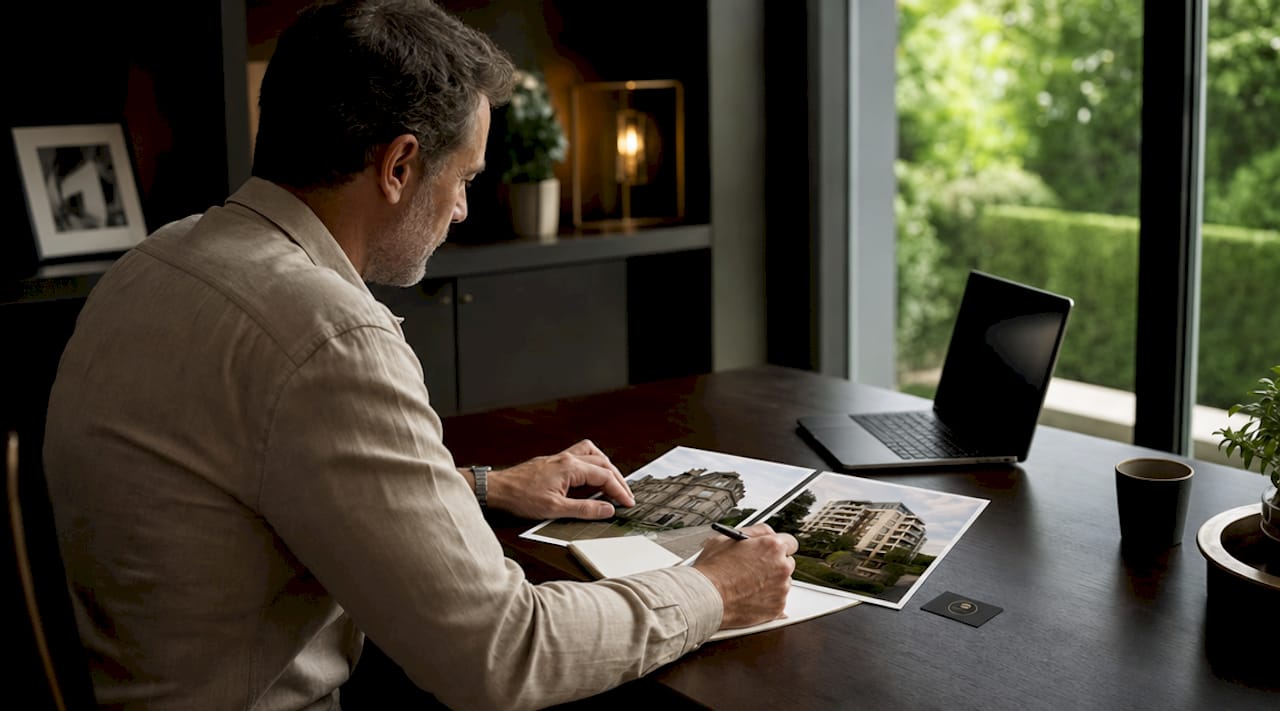 Des mains qui examinent et comparent des dossiers immobiliers