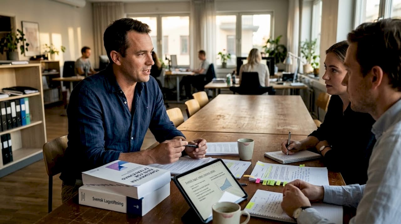 En jurist går igenom rutiner för regelefterlevnad under ett möte.