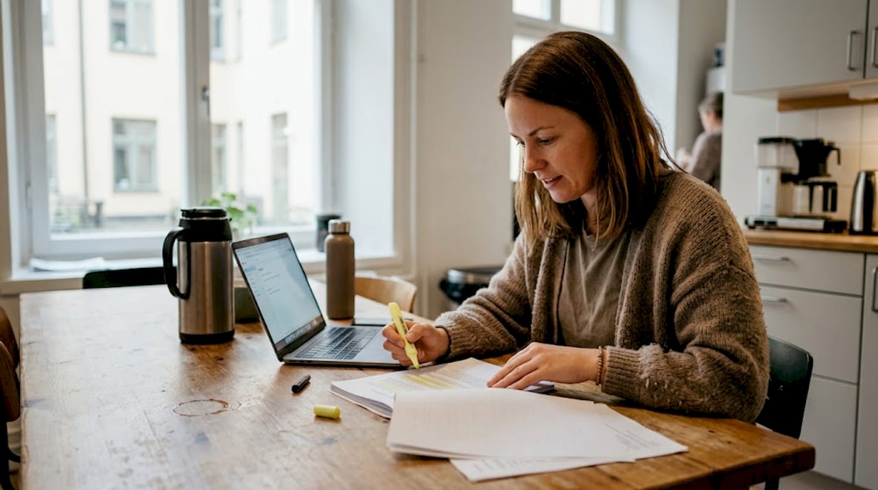 En kvinna går noggrant igenom dokument som en del av riskanalysen i arbetsprocessen.