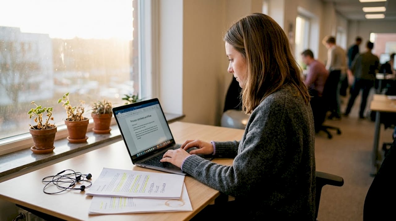 Projektledaren sitter vid skrivbordet och uppdaterar dokumenten.