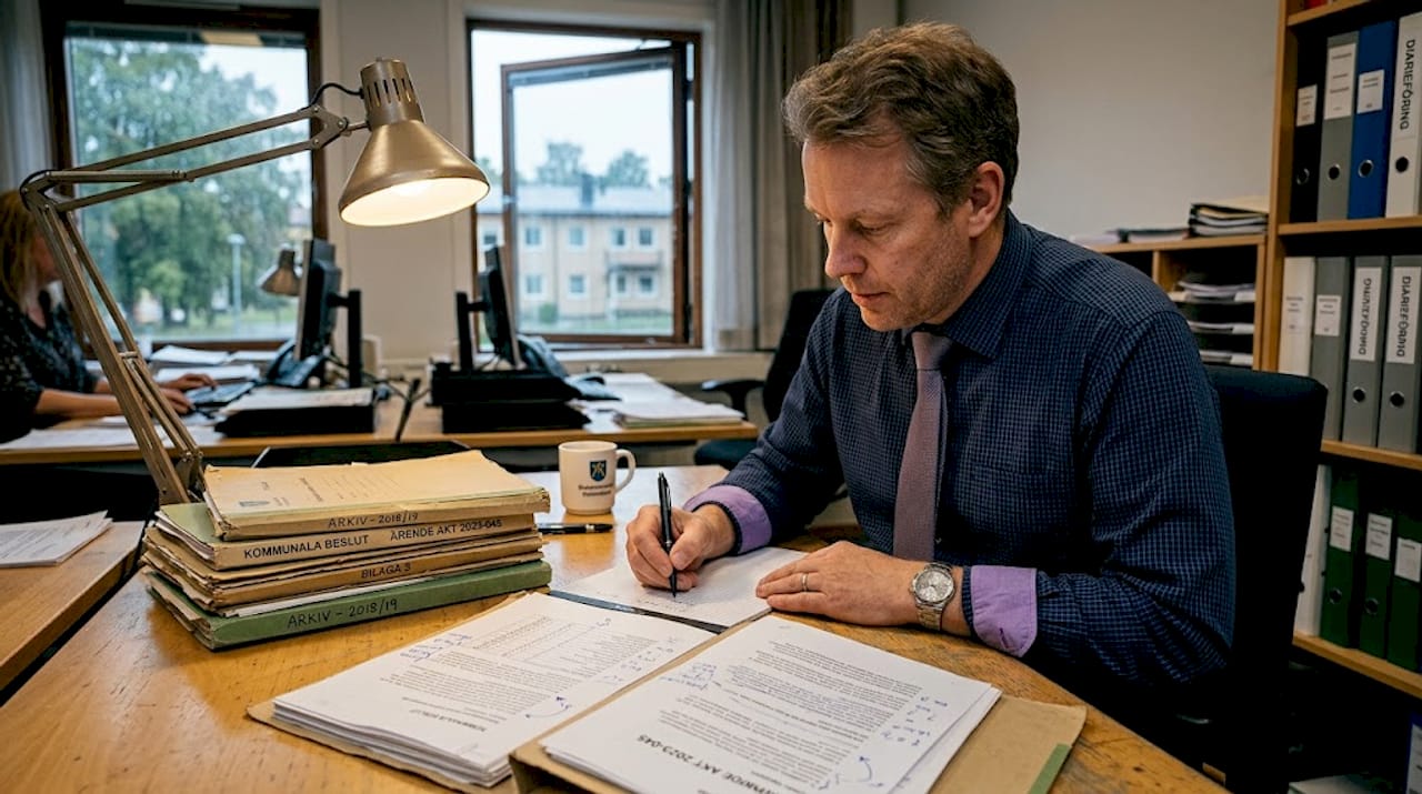 En handläggare går igenom ett beslut på myndigheten.