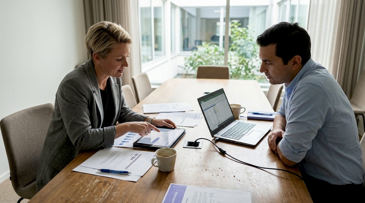 Gruppen går igenom leverantörernas rapporter tillsammans i konferensrummet.