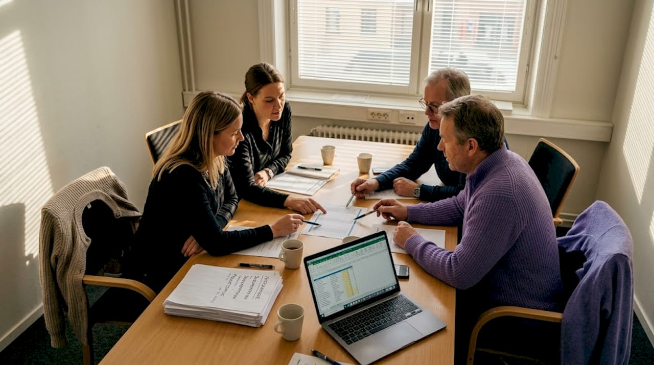 Ett team sitter samlat runt bordet och går igenom registerförteckningen tillsammans.