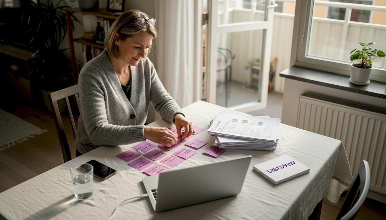 En kvinna sitter vid bordet och går igenom olika uppgifter för riskbedömning.