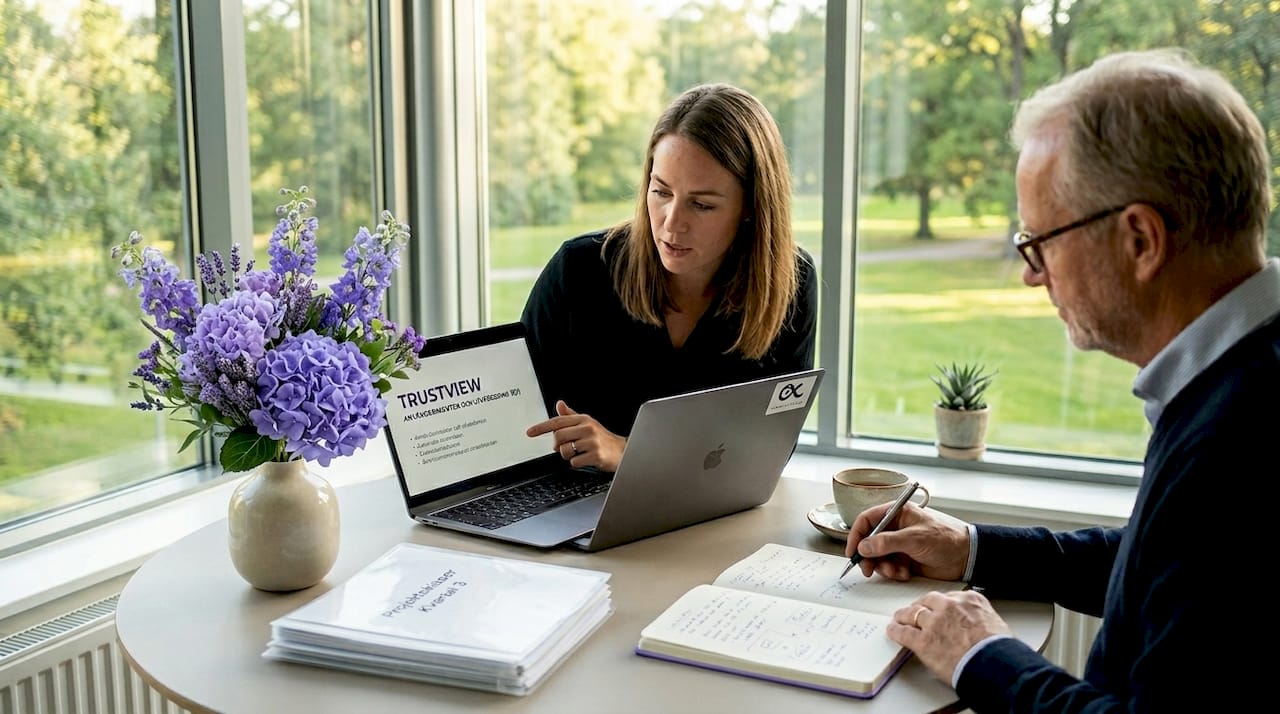 Två kollegor sitter tillsammans vid konferensbordet och går igenom GDPR-relaterade dokument.