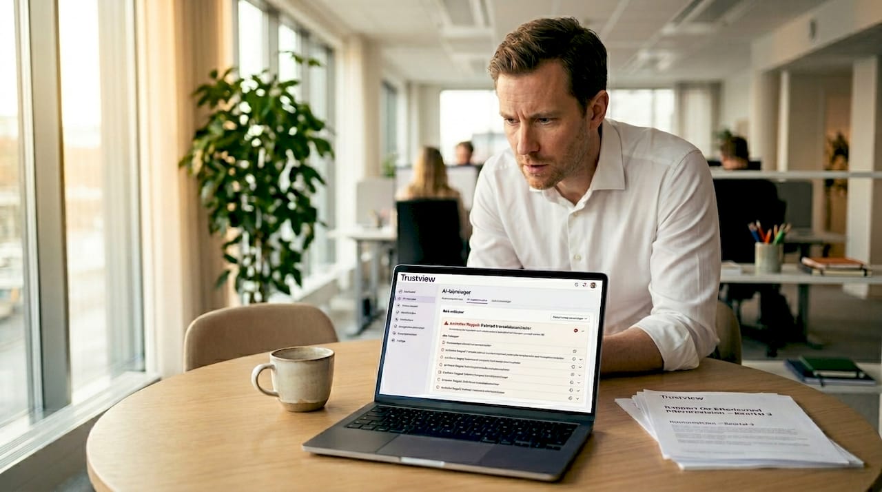En man sitter på kontoret och håller koll på AI-systemets kontrollpanel.