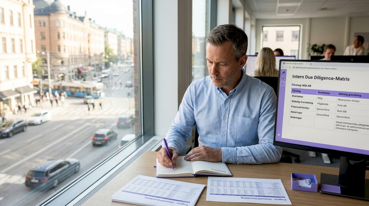 En tjänsteman går igenom en due diligence-matris vid sitt skrivbord.