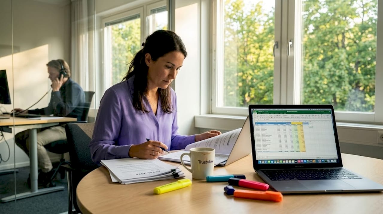 En kvinna sitter på kontoret och jämför GDPR-avtal med informationen hon har i Excel.