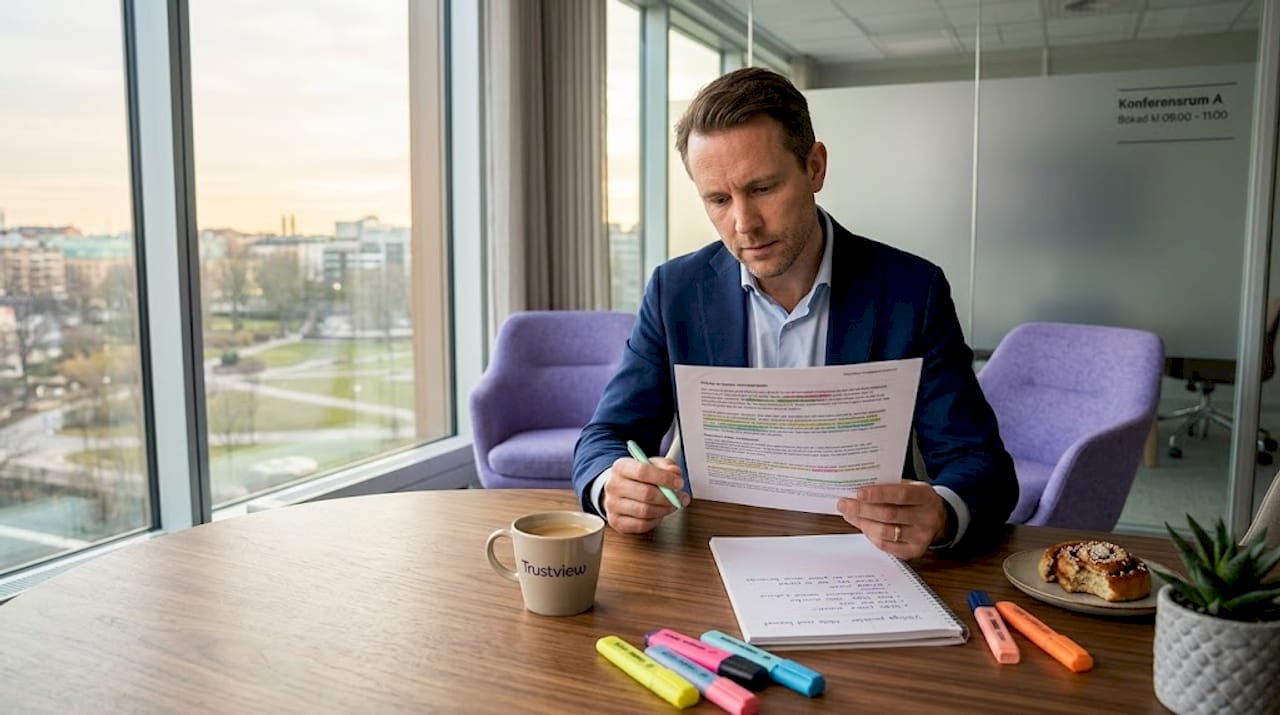 Man samlas runt mötesbordet, går igenom papper och passar på att ta en kopp kaffe och en bulle.