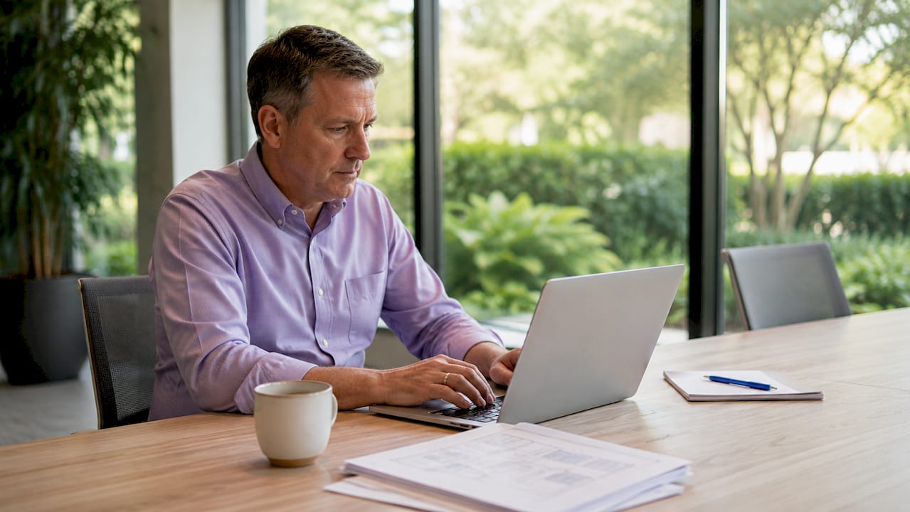 Händer som skriver på en laptop medan viktiga regelefterlevnadsdokument behandlas