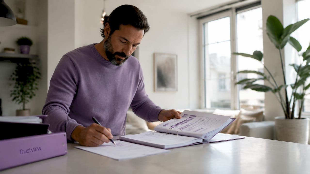 Man sitter hemma och går igenom compliance-dokumenten.