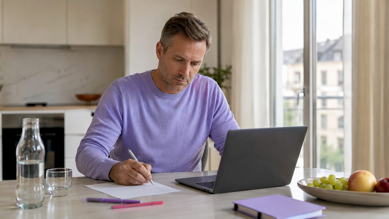 Händer som skriver på ett dokument och bläddrar genom datorn