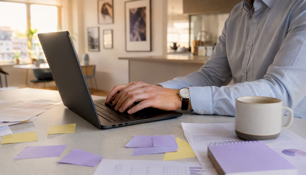 Närbild på händer som skriver på laptop under en regelefterlevnadsgranskning