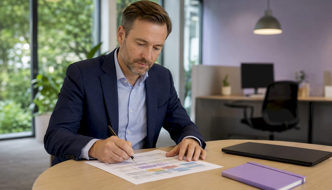 Fågelperspektiv på en man som visar mot en mall för registerfält