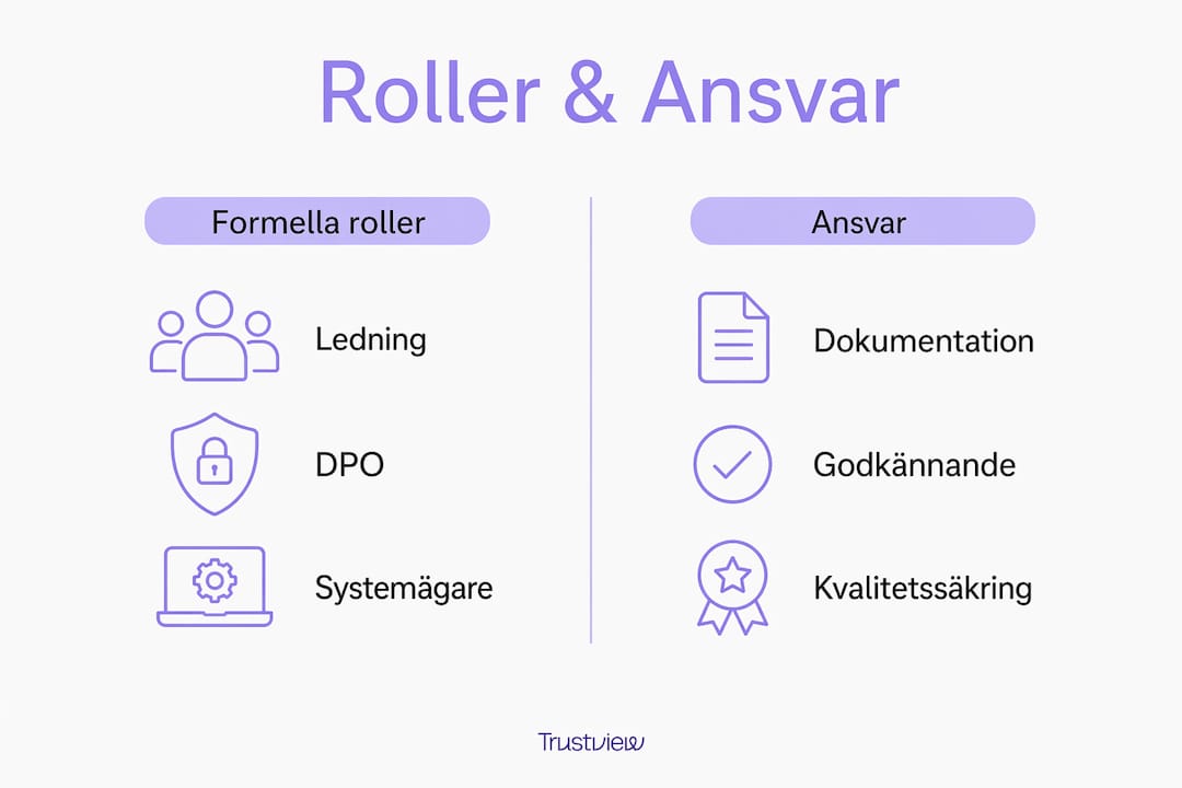 Översiktlig infografik som tydligt visar vilka roller och ansvarsområden som finns kring dataskyddsarbete.