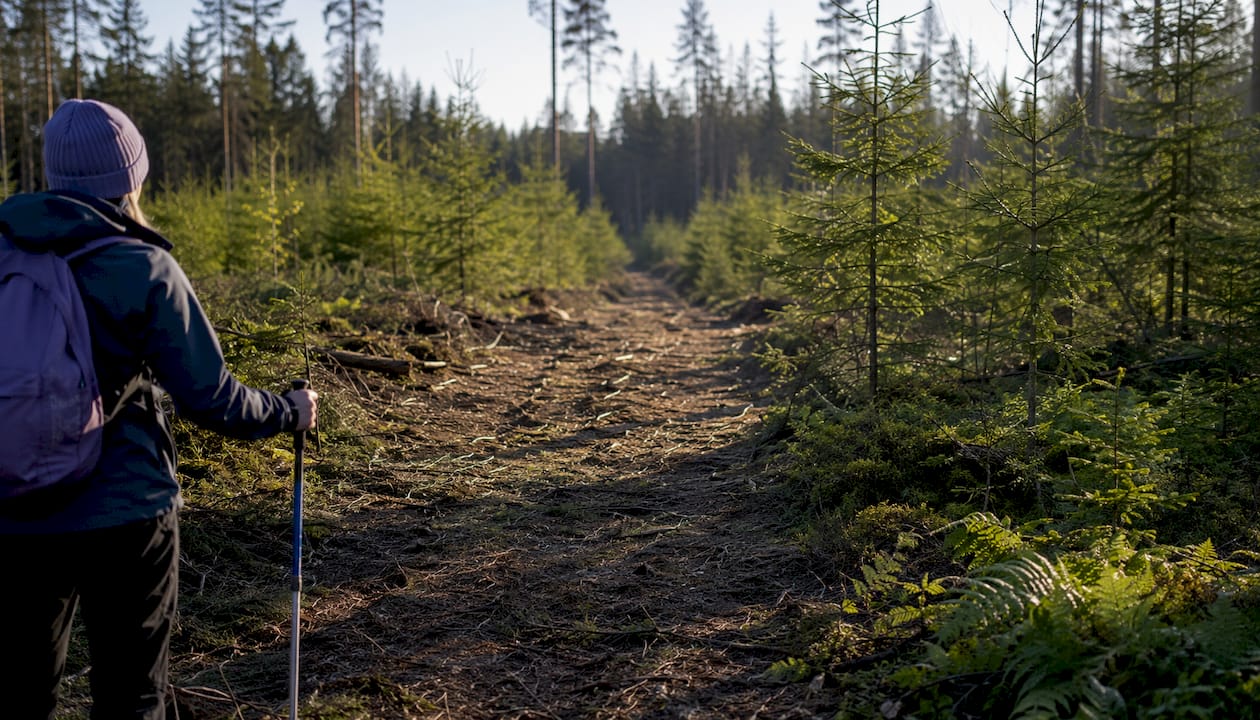 Närbild på körspår i skogen efter gallring