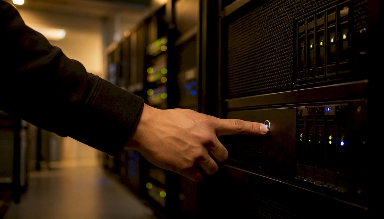 En hand trycker på en knapp för att starta en server inne i ett datacenter.
