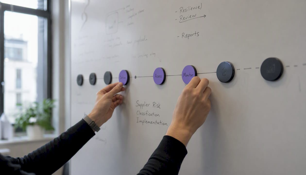 Någon sätter upp viktiga hållpunkter för projektet på en whiteboard.