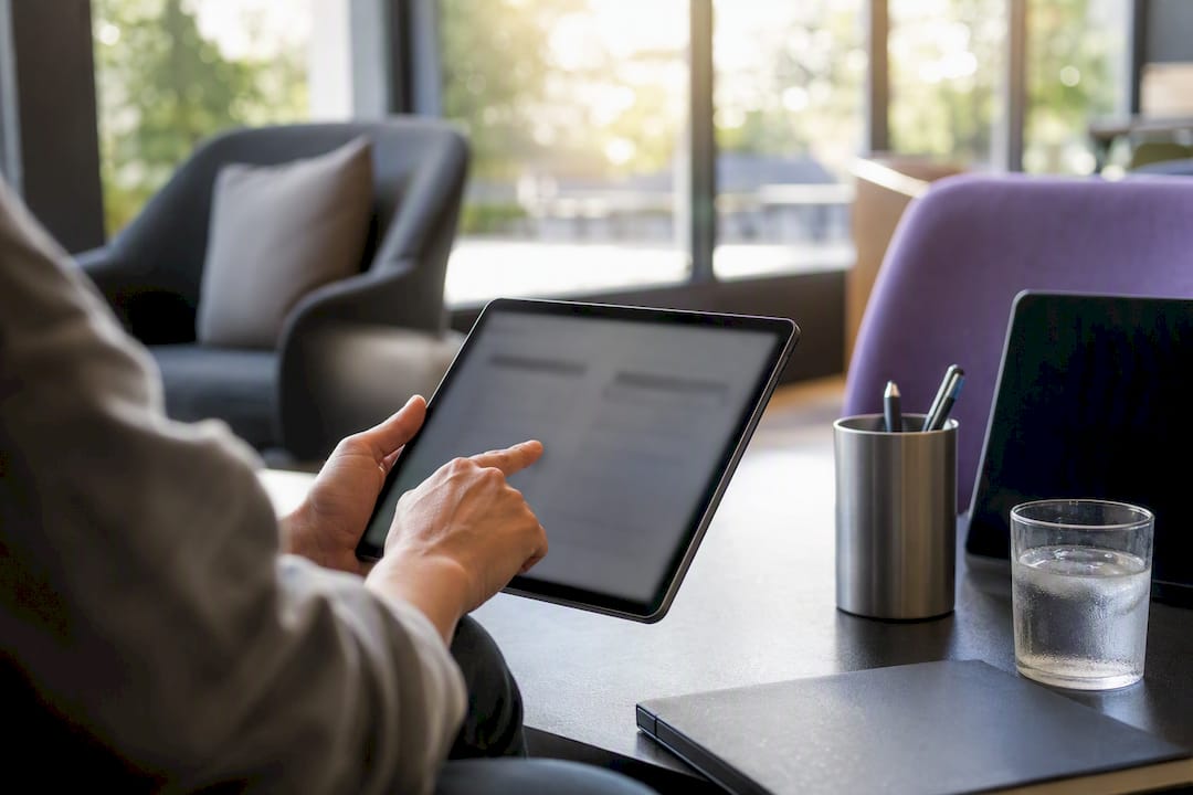 Händer som arbetar med digitala dokumentmallar